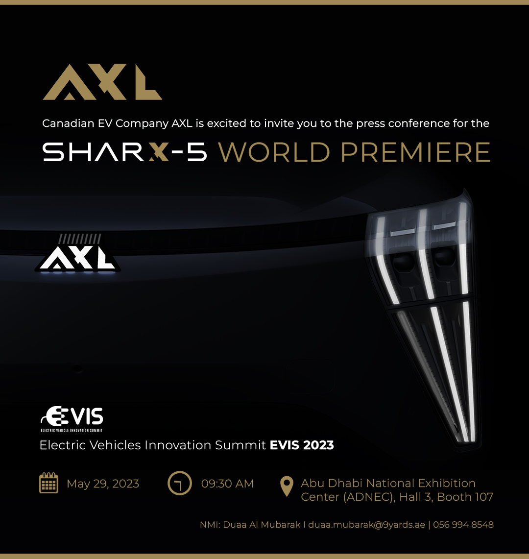 في أول ظهور لها في منطقة الشرق الأوسط وشمال إفريقيا ، تكشف AXL للسيارات الكهربائية الكندية عن سيارتها الرياضية متعددة الاستخدامات Sharx-5 في قمة EVIS